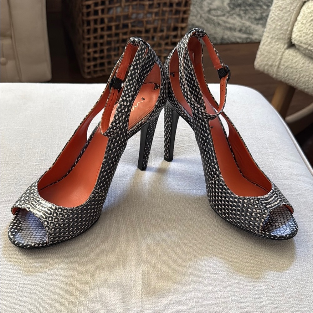Via Spiga Black and White Snakeskin Peep Toe Heels